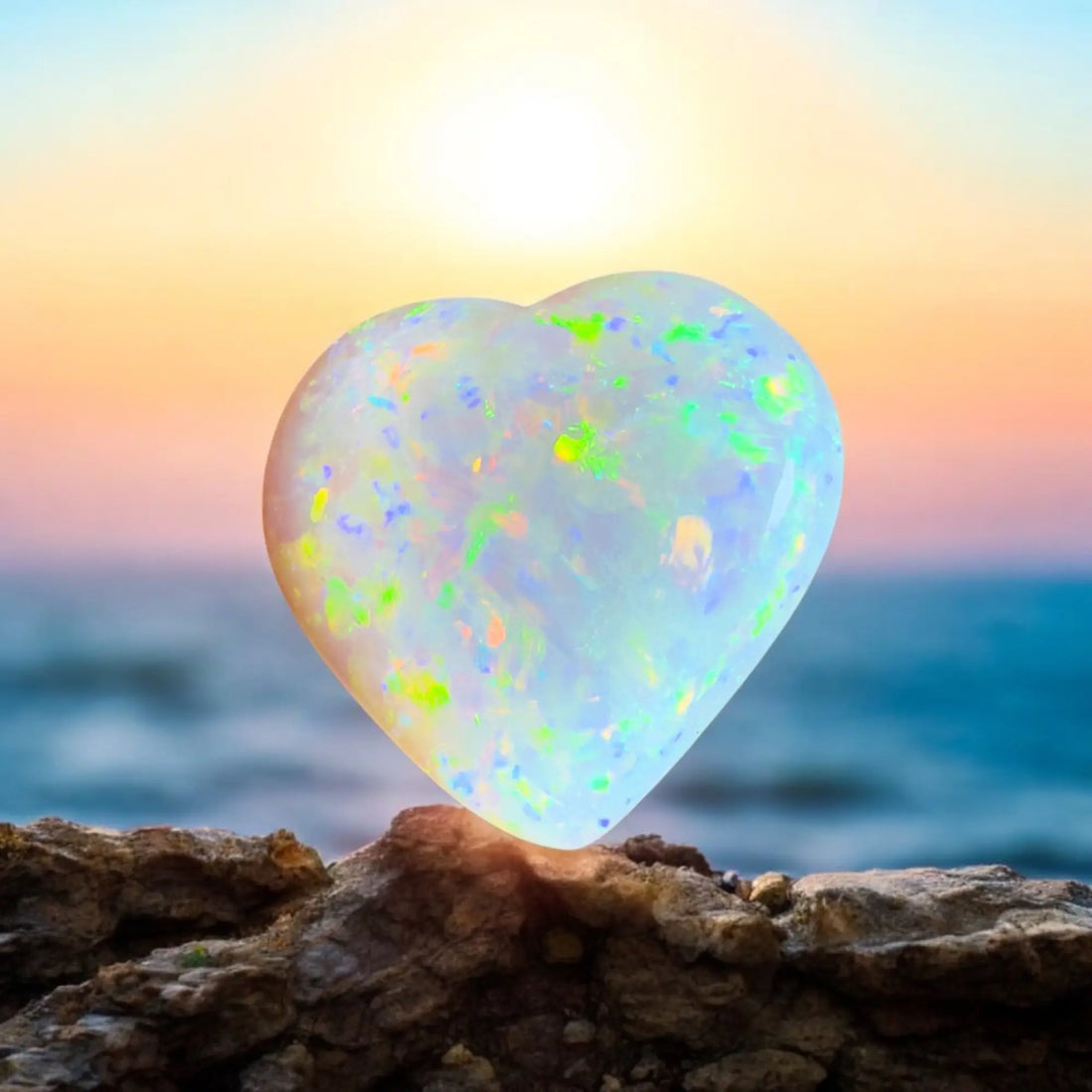 Heart-shaped Australian opal with iridescent flecks, showcasing vivid colors and craftsmanship