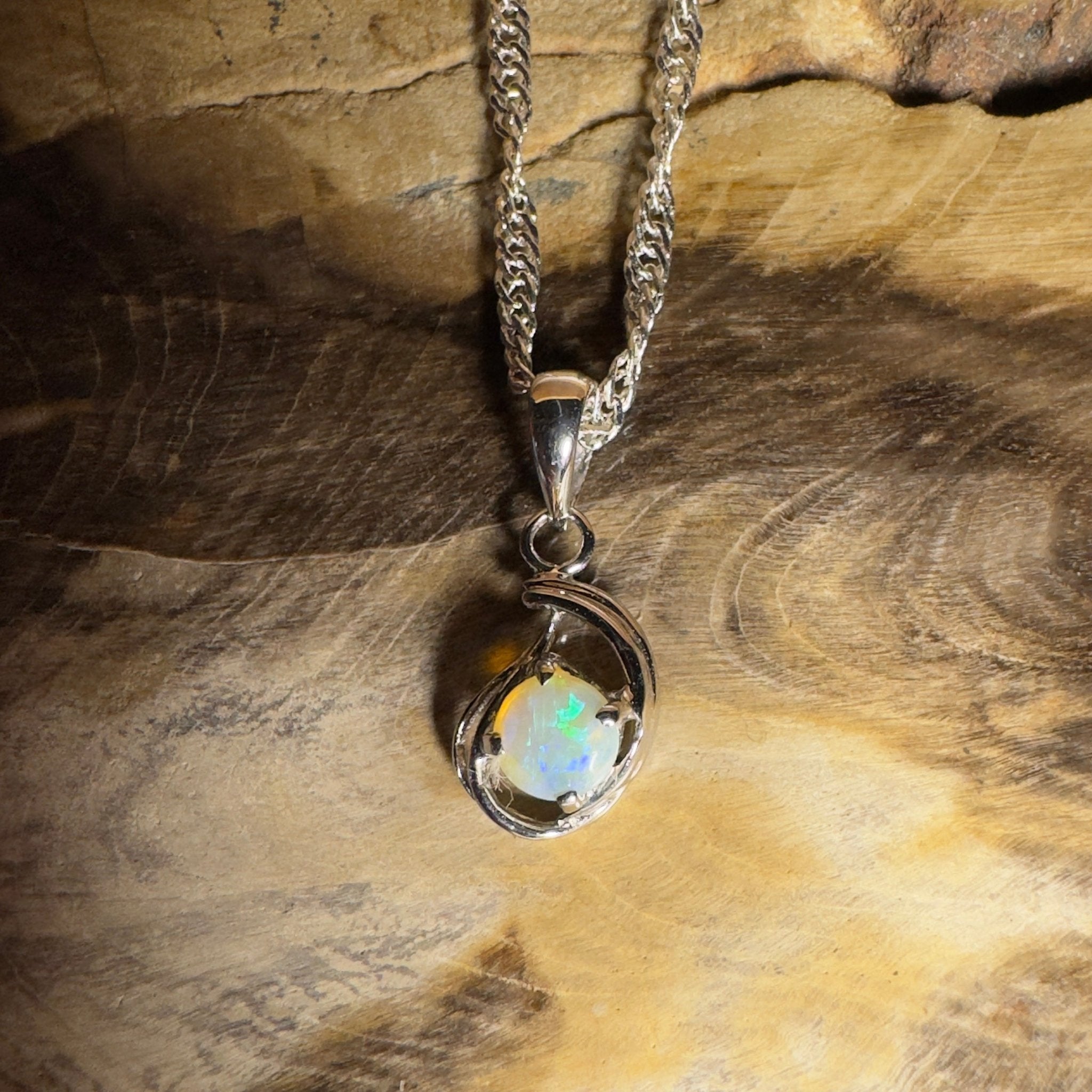 0.2ct Lightning Ridge Crystal Opal Pendant Necklace ~ 'Nullarbor Moon' | 18ct White Gold | Solid Australian Opal