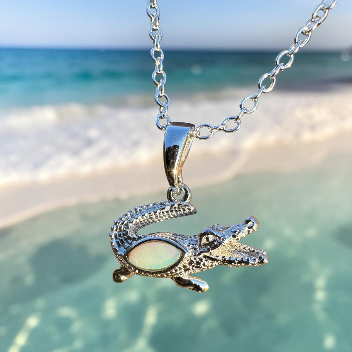 0.3ct Coober Pedy Opal Crocodile Pendant Necklace ~ 'Cahills Crossing Greens' | 925 Sterling Silver | Solid Australian Opal
