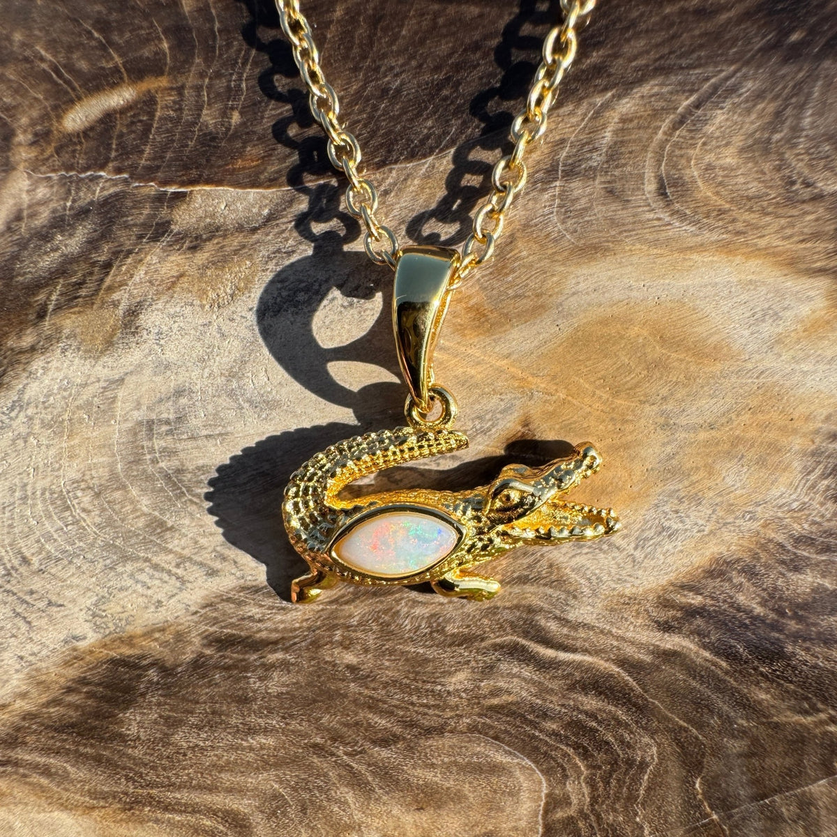 0.3ct Coober Pedy Opal Crocodile Pendant Necklace ~ 'Daly River Amber' | Yellow Gold Coated 925 Sterling Silver | Solid Australian Opal