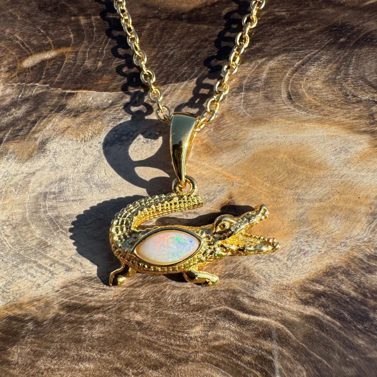 0.3ct Coober Pedy Opal Crocodile Pendant Necklace ~ 'Daly River Amber' | Yellow Gold Coated 925 Sterling Silver | Solid Australian Opal