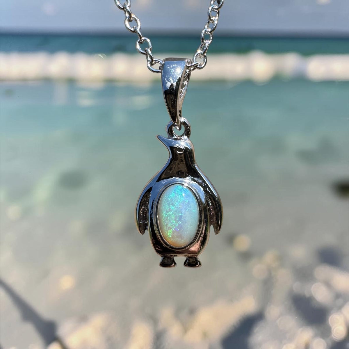 0.3ct Coober Pedy Opal Penguin Pendant Necklace ~ 'Low Head Shimmer' | 925 Sterling Silver | Solid Australian Opal