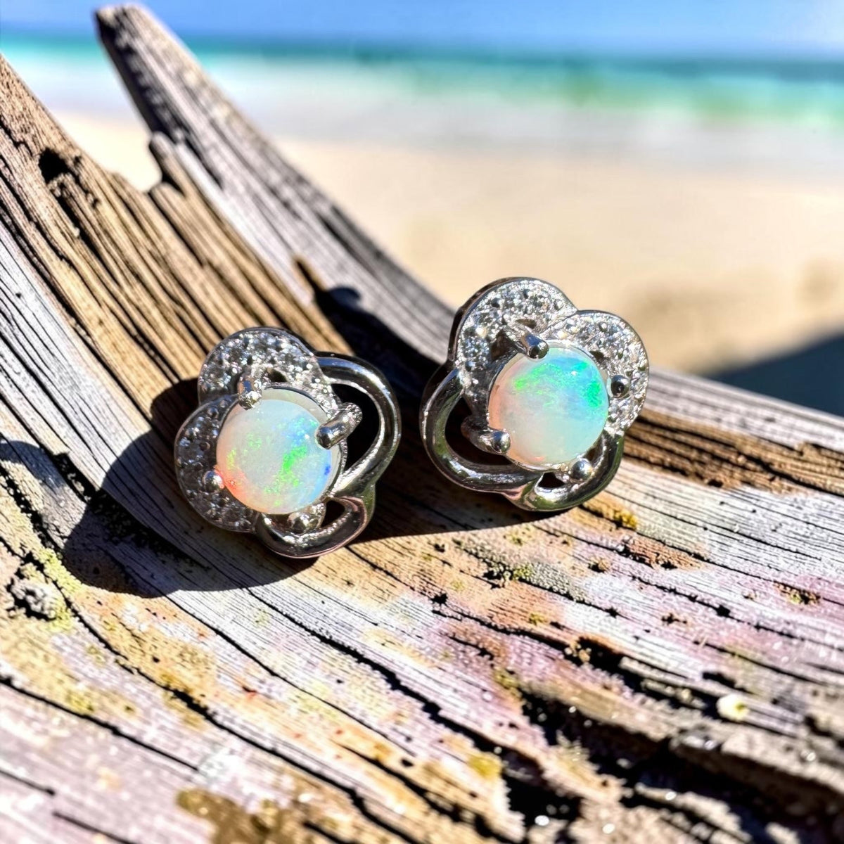 0.4ct Coober Pedy Opal & Cubic Zirconia Stud Earrings ~ 'Hepburn Springs Blues' | 925 Sterling Silver | Solid Australian Opal