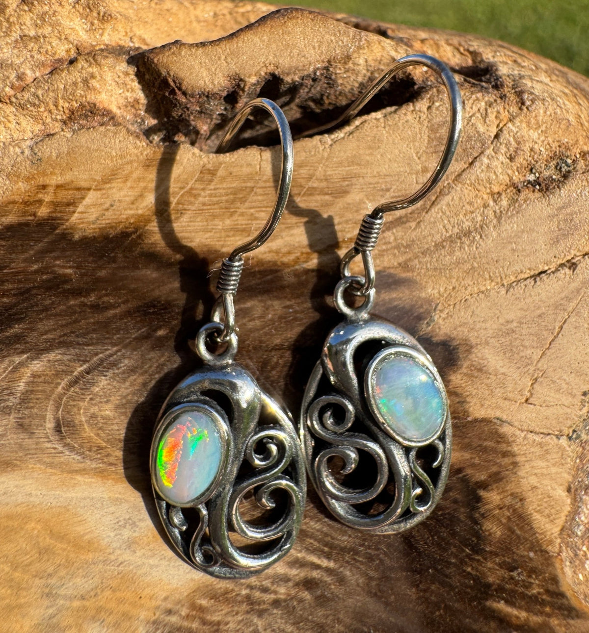 0.4ct Coober Pedy Opal Hook Earrings ~ 'Penneshaw Firelight' | 925 Sterling Silver | Solid Australian Opal
