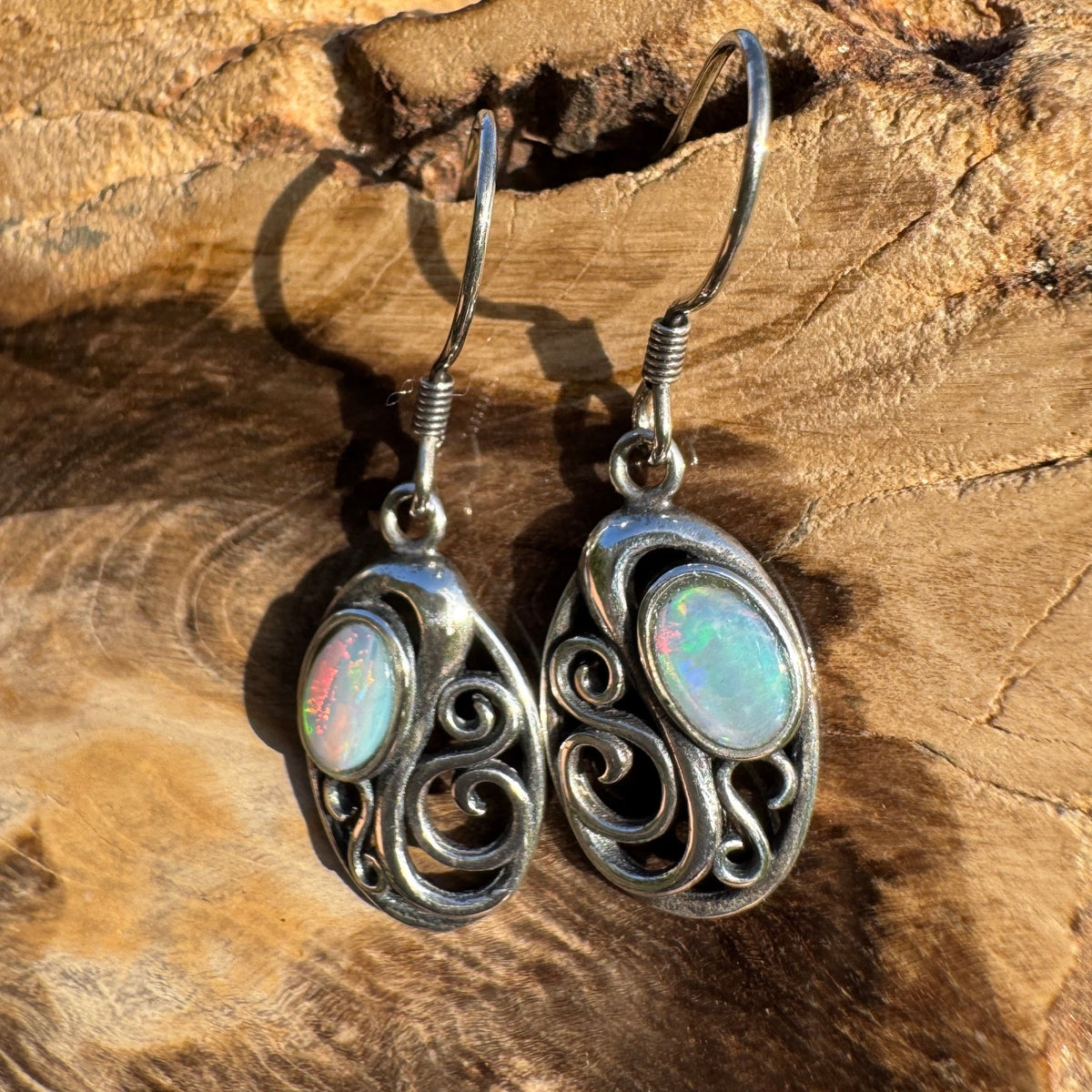 0.4ct Coober Pedy Opal Hook Earrings ~ 'Penneshaw Firelight' | 925 Sterling Silver | Solid Australian Opal