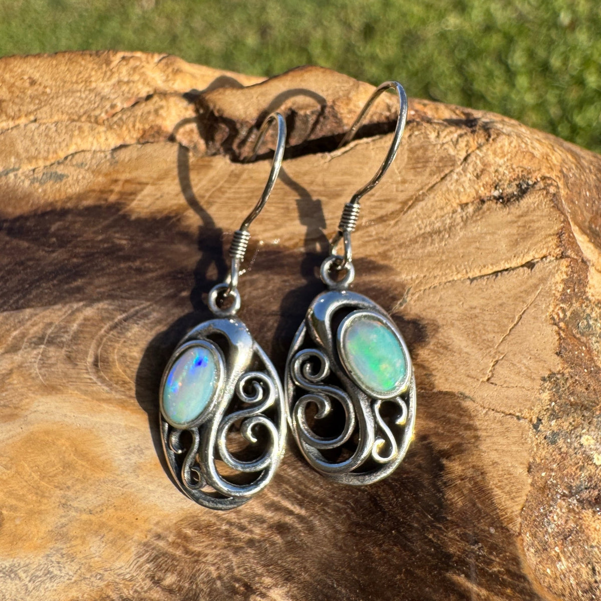 0.4ct Coober Pedy Opal Hook Earrings ~ 'Penneshaw Firelight' | 925 Sterling Silver | Solid Australian Opal