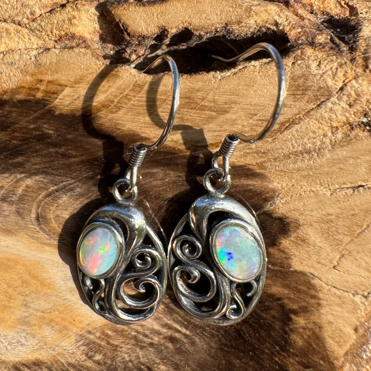 0.4ct Coober Pedy Opal Hook Earrings ~ 'Penneshaw Firelight' | 925 Sterling Silver | Solid Australian Opal