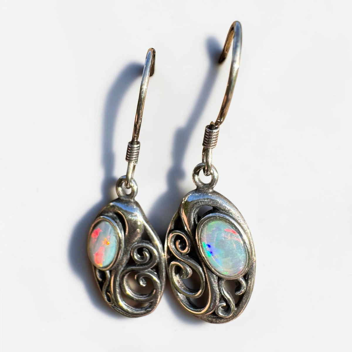 0.4ct Coober Pedy Opal Hook Earrings ~ 'Penneshaw Firelight' | 925 Sterling Silver | Solid Australian Opal