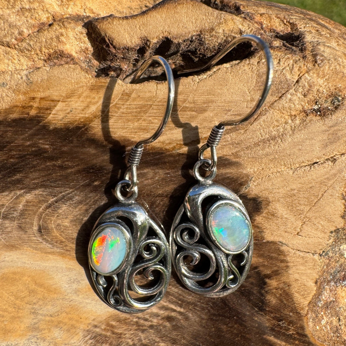 0.4ct Coober Pedy Opal Hook Earrings ~ 'Penneshaw Firelight' | 925 Sterling Silver | Solid Australian Opal