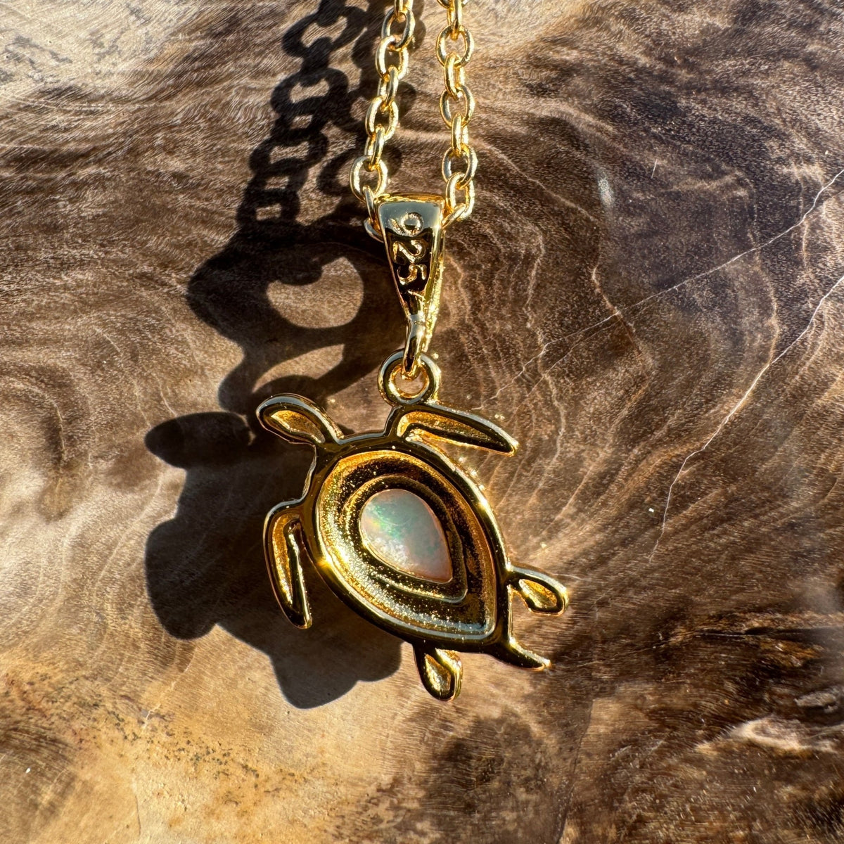 0.4ct Coober Pedy Opal Turtle Pendant Necklace ~ 'Mon Repos Shimmer' | Yellow Gold Coated 925 Sterling Silver | Solid Australian Opal