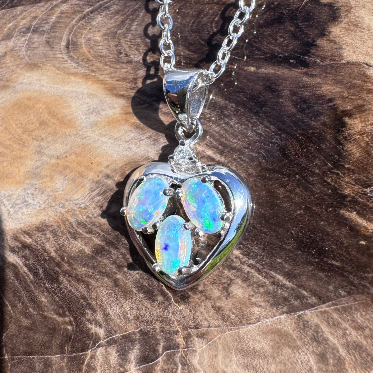 0.5ct Coober Pedy Crystal Opal & Diamond Heart Pendant Necklace ~ 'Wineglass Bay Heart' | 14ct White Gold | Solid Australian Opal