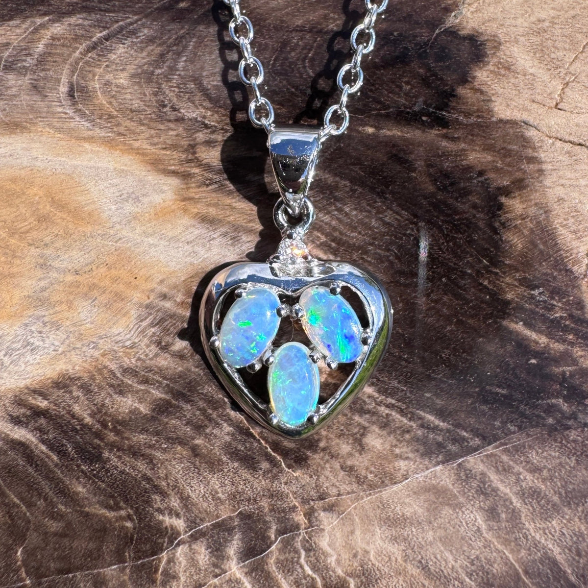 0.5ct Coober Pedy Crystal Opal & Diamond Heart Pendant Necklace ~ 'Wineglass Bay Heart' | 14ct White Gold | Solid Australian Opal