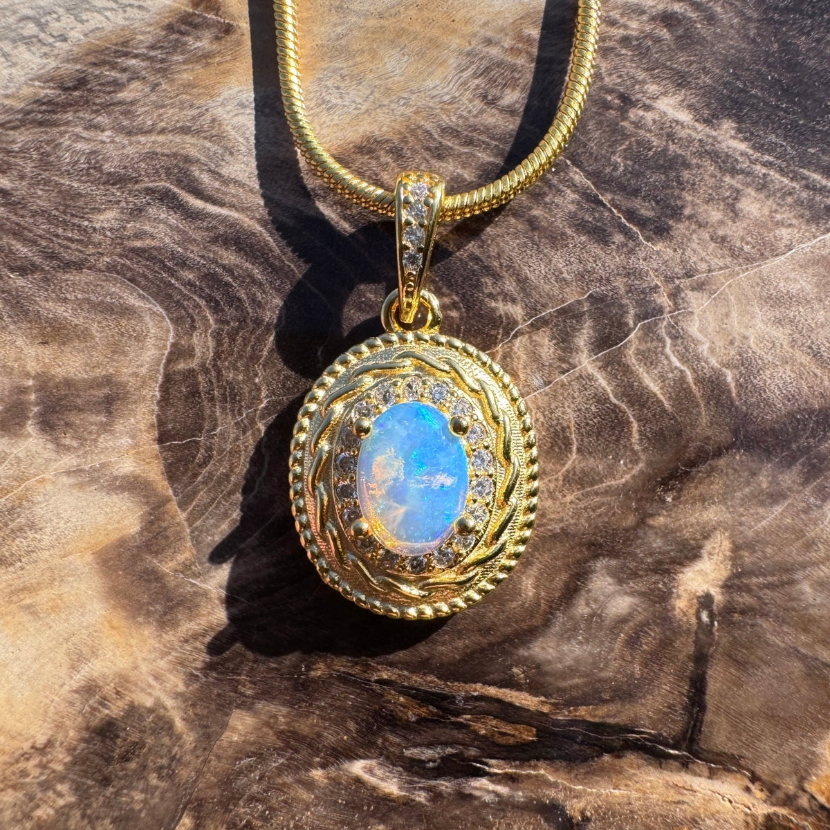 0.5ct Coober Pedy Opal & Cubic Zirconia Pendant Necklace ~ 'Charters Towers Gold' | Yellow Gold Coated 925 Sterling Silver | Solid Australian Opal