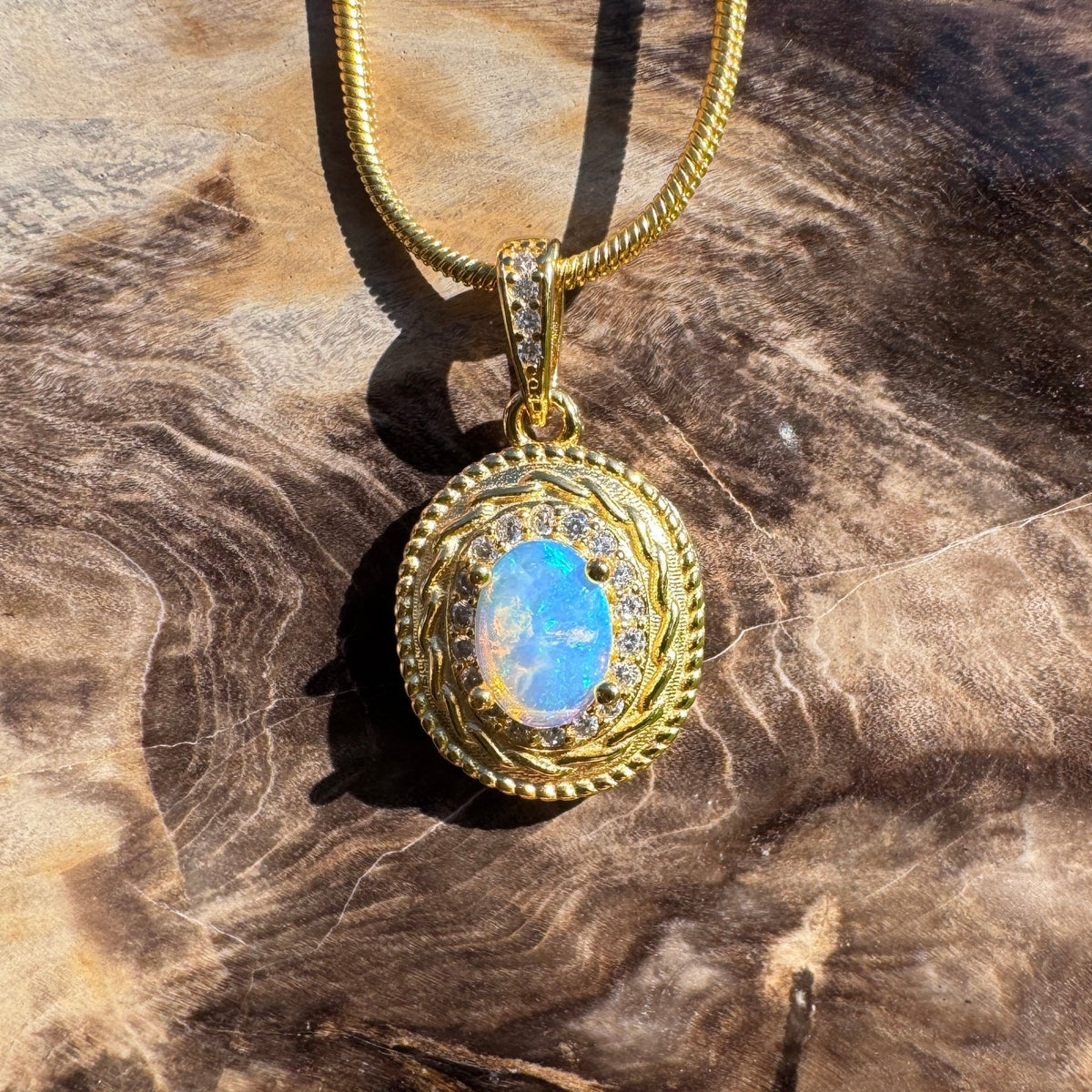 0.5ct Coober Pedy Opal & Cubic Zirconia Pendant Necklace ~ 'Charters Towers Gold' | Yellow Gold Coated 925 Sterling Silver | Solid Australian Opal