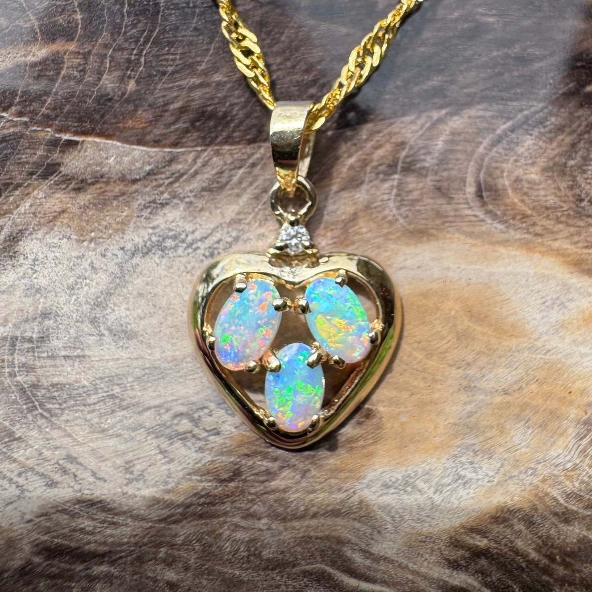 0.5ct Coober Pedy Opal & Diamond Heart Pendant Necklace ~ 'Hanging Rock Heart' | 14ct Yellow Gold | Solid Australian Opal