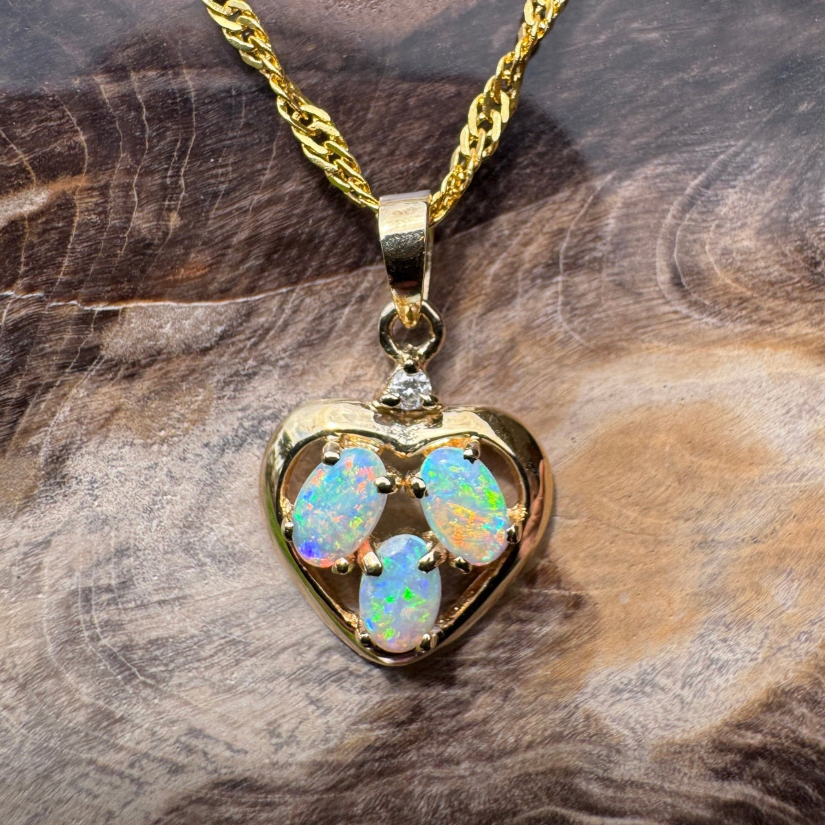 0.5ct Coober Pedy Opal & Diamond Heart Pendant Necklace ~ 'Hanging Rock Heart' | 14ct Yellow Gold | Solid Australian Opal