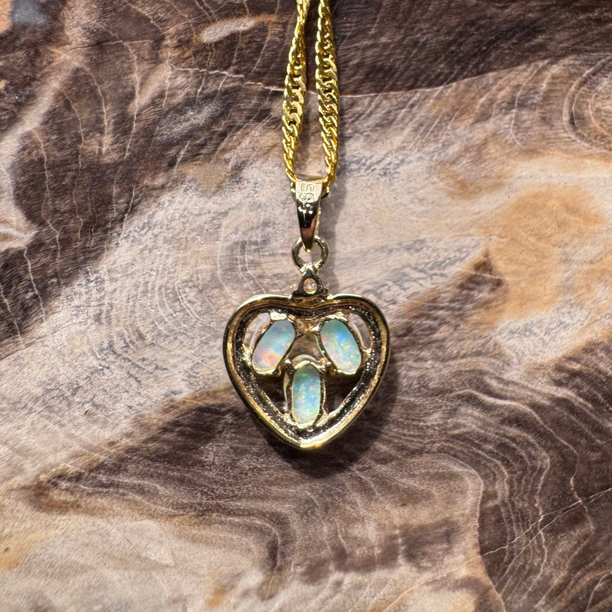 0.5ct Coober Pedy Opal & Diamond Heart Pendant Necklace ~ 'Hanging Rock Heart' | 14ct Yellow Gold | Solid Australian Opal