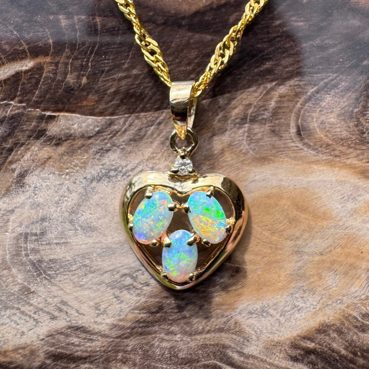 0.5ct Coober Pedy Opal & Diamond Heart Pendant Necklace ~ 'Hanging Rock Heart' | 14ct Yellow Gold | Solid Australian Opal