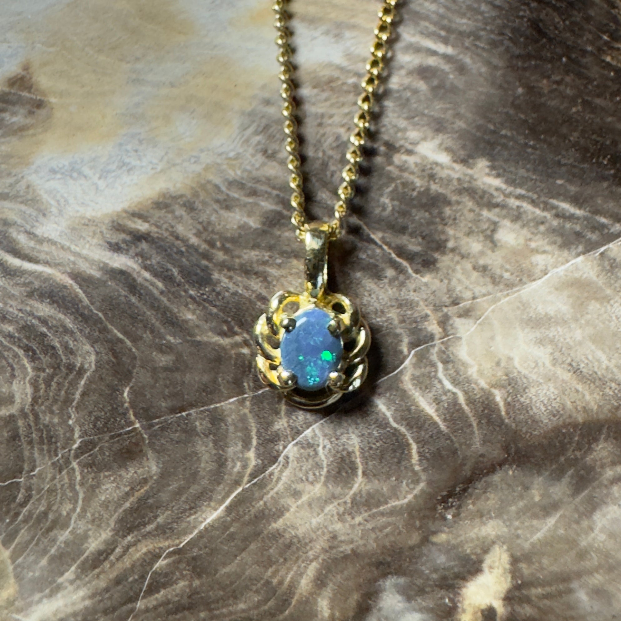 0.5ct Lightning Ridge Opal Pendant Necklace ~ 'Blue North Glimmer' | 18ct Yellow Gold | Solid Australian Opal