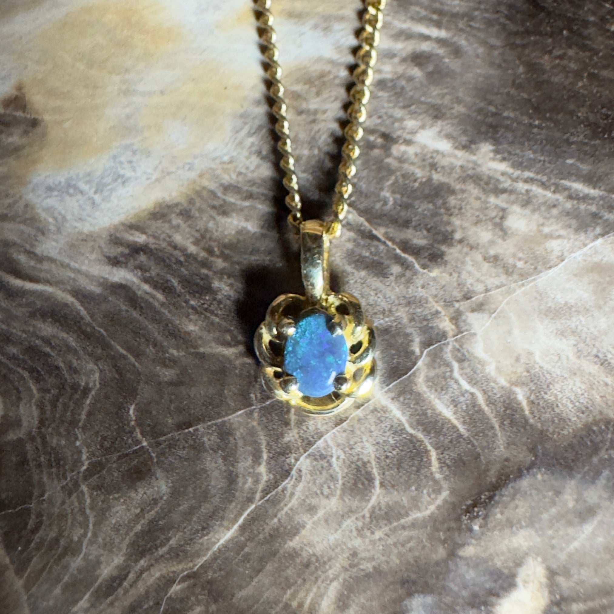 0.5ct Lightning Ridge Opal Pendant Necklace ~ 'Blue North Glimmer' | 18ct Yellow Gold | Solid Australian Opal