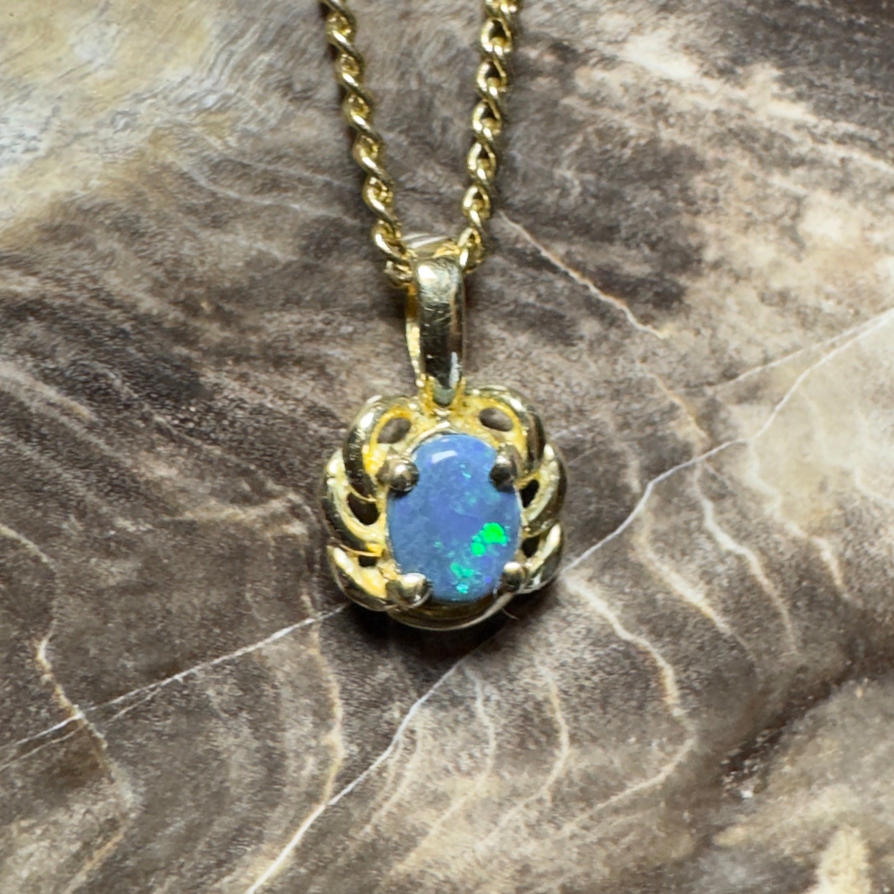 0.5ct Lightning Ridge Opal Pendant Necklace ~ 'Blue North Glimmer' | 18ct Yellow Gold | Solid Australian Opal