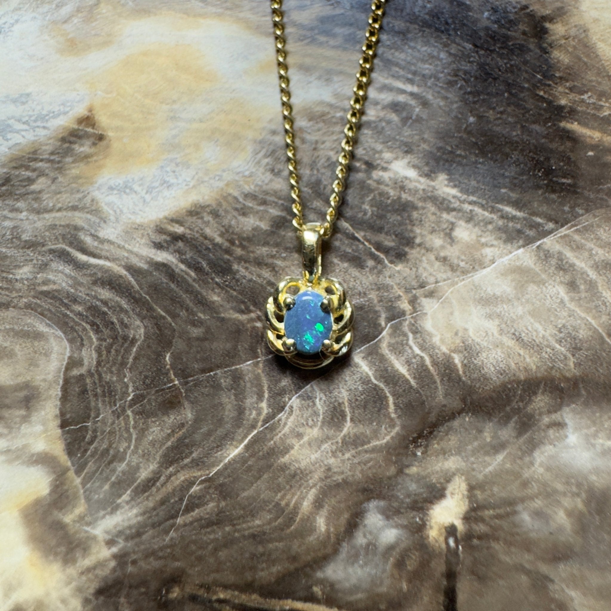 0.5ct Lightning Ridge Opal Pendant Necklace ~ 'Blue North Glimmer' | 18ct Yellow Gold | Solid Australian Opal