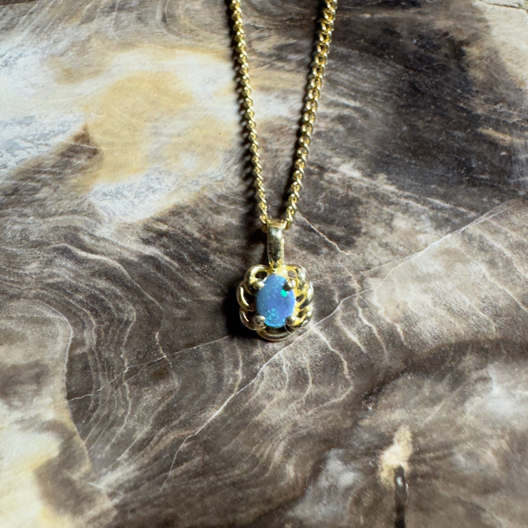 0.5ct Lightning Ridge Opal Pendant Necklace ~ 'Blue North Glimmer' | 18ct Yellow Gold | Solid Australian Opal