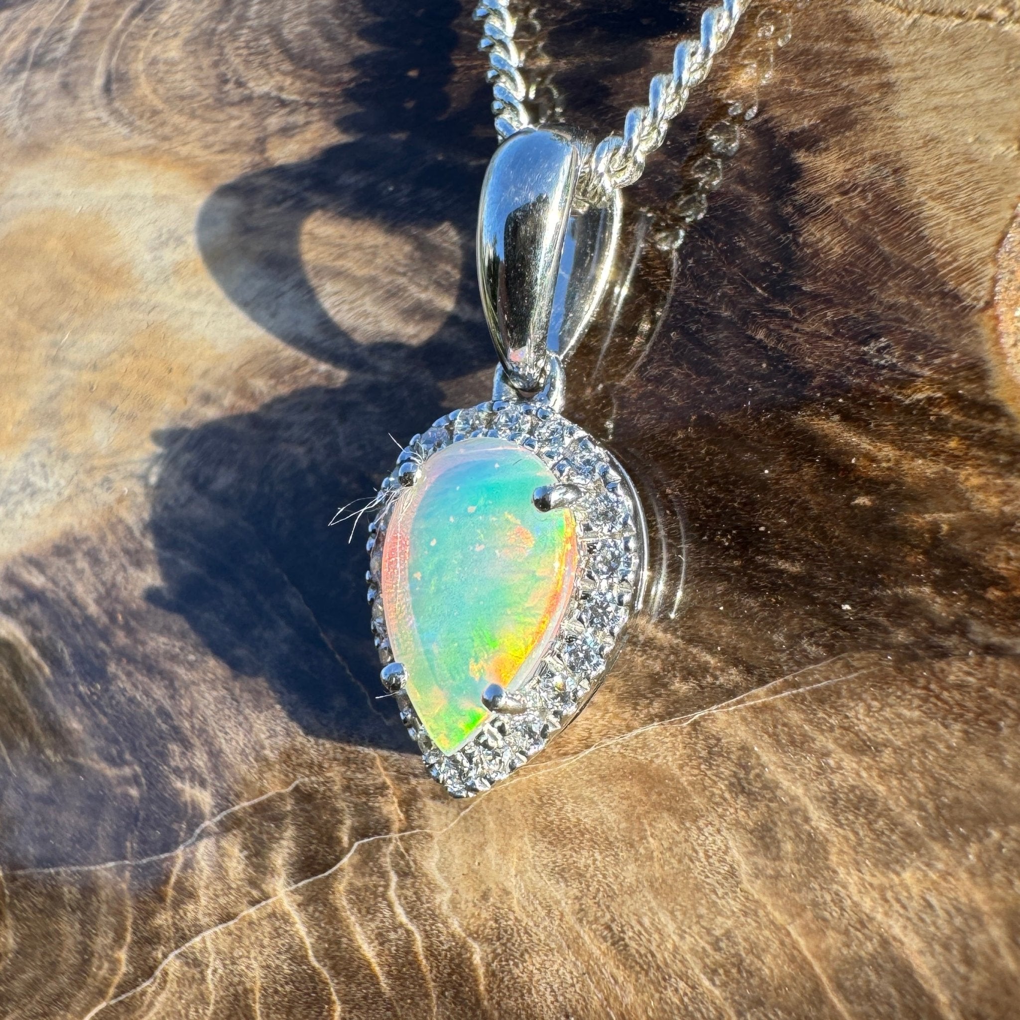 0.6ct Coober Pedy Crystal Opal Pendant Necklace ~ 'Turquoise Bay Halo' | 925 Sterling Silver | Solid Australian Opal