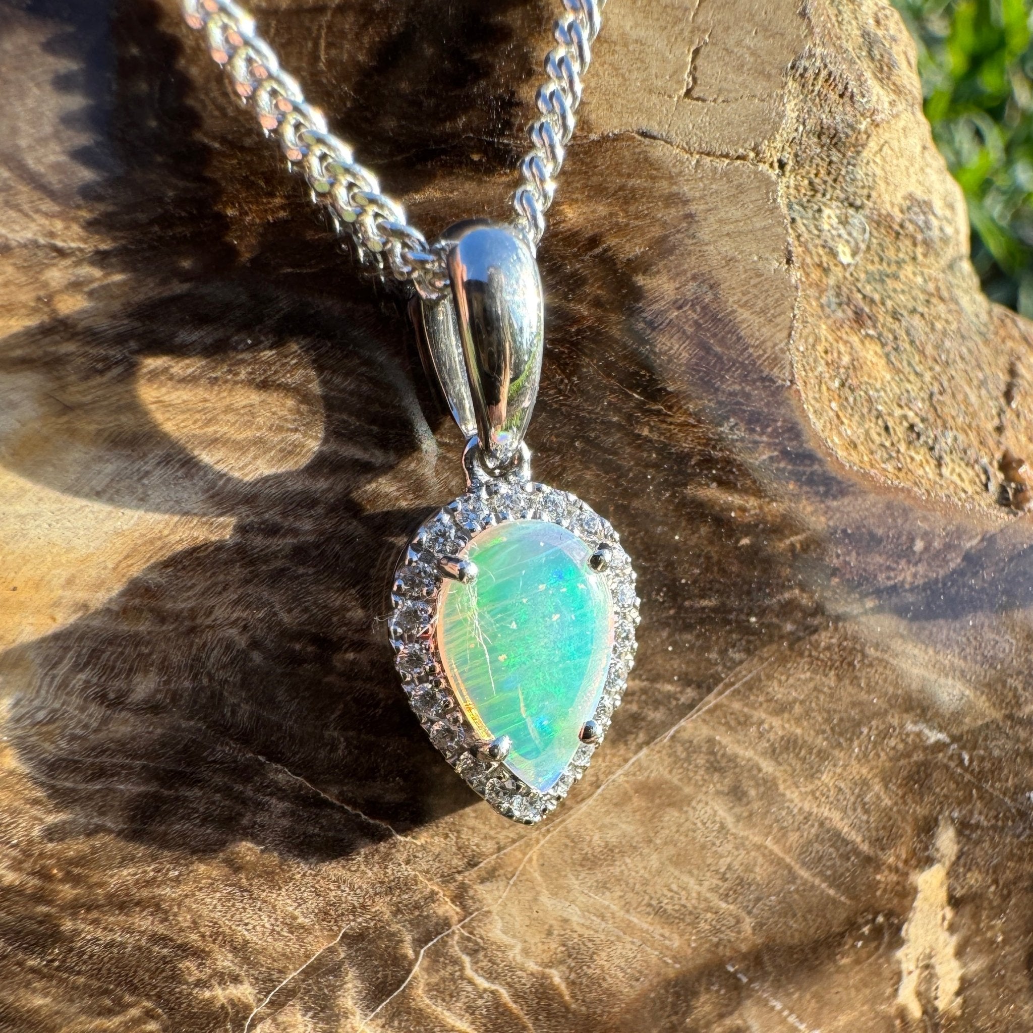 0.6ct Coober Pedy Crystal Opal Pendant Necklace ~ 'Turquoise Bay Halo' | 925 Sterling Silver | Solid Australian Opal
