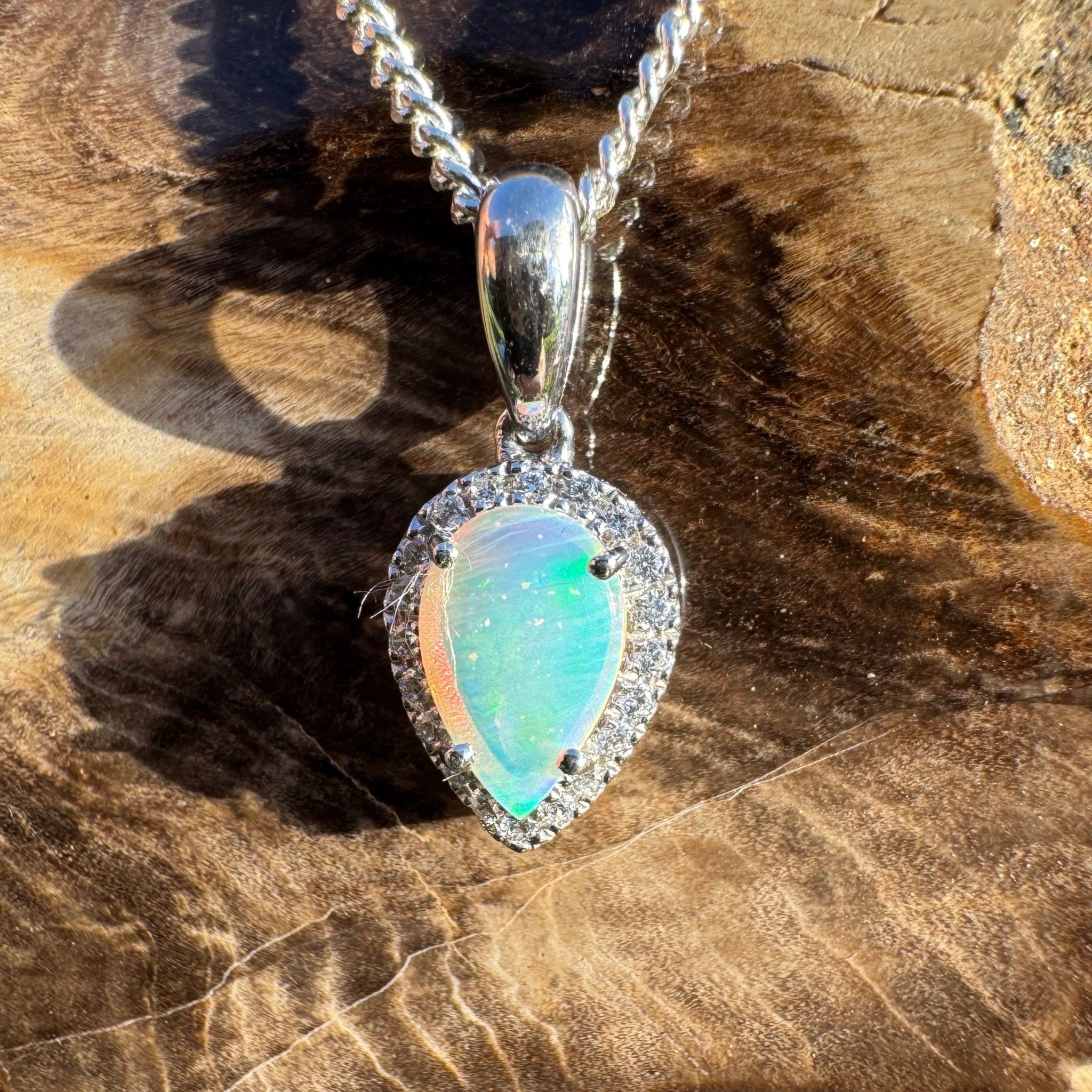 0.6ct Coober Pedy Crystal Opal Pendant Necklace ~ 'Turquoise Bay Halo' | 925 Sterling Silver | Solid Australian Opal