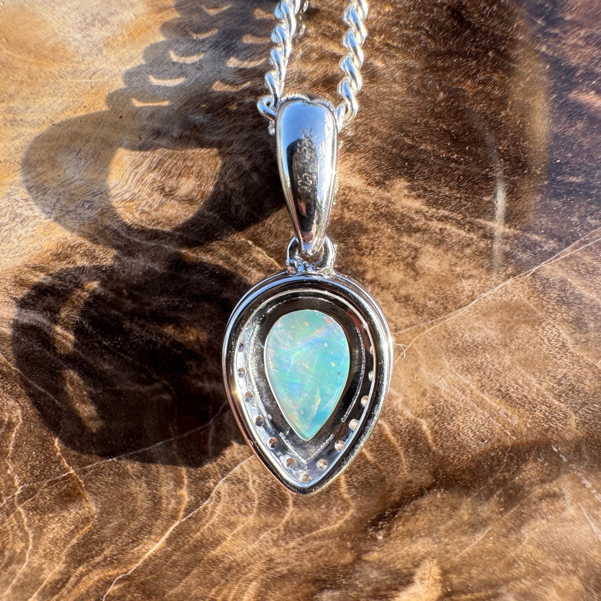 0.6ct Coober Pedy Crystal Opal Pendant Necklace ~ 'Turquoise Bay Halo' | 925 Sterling Silver | Solid Australian Opal
