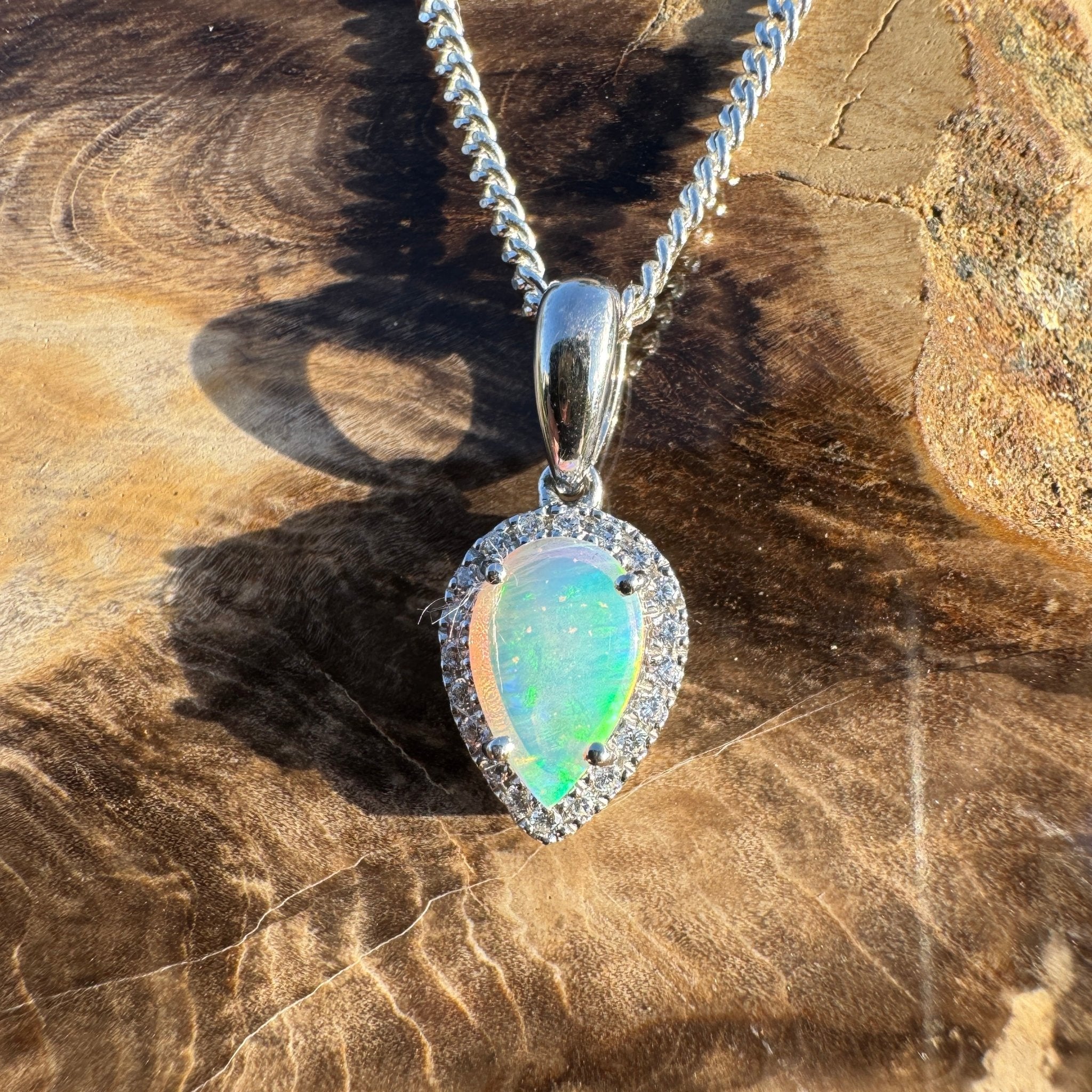 0.6ct Coober Pedy Crystal Opal Pendant Necklace ~ 'Turquoise Bay Halo' | 925 Sterling Silver | Solid Australian Opal