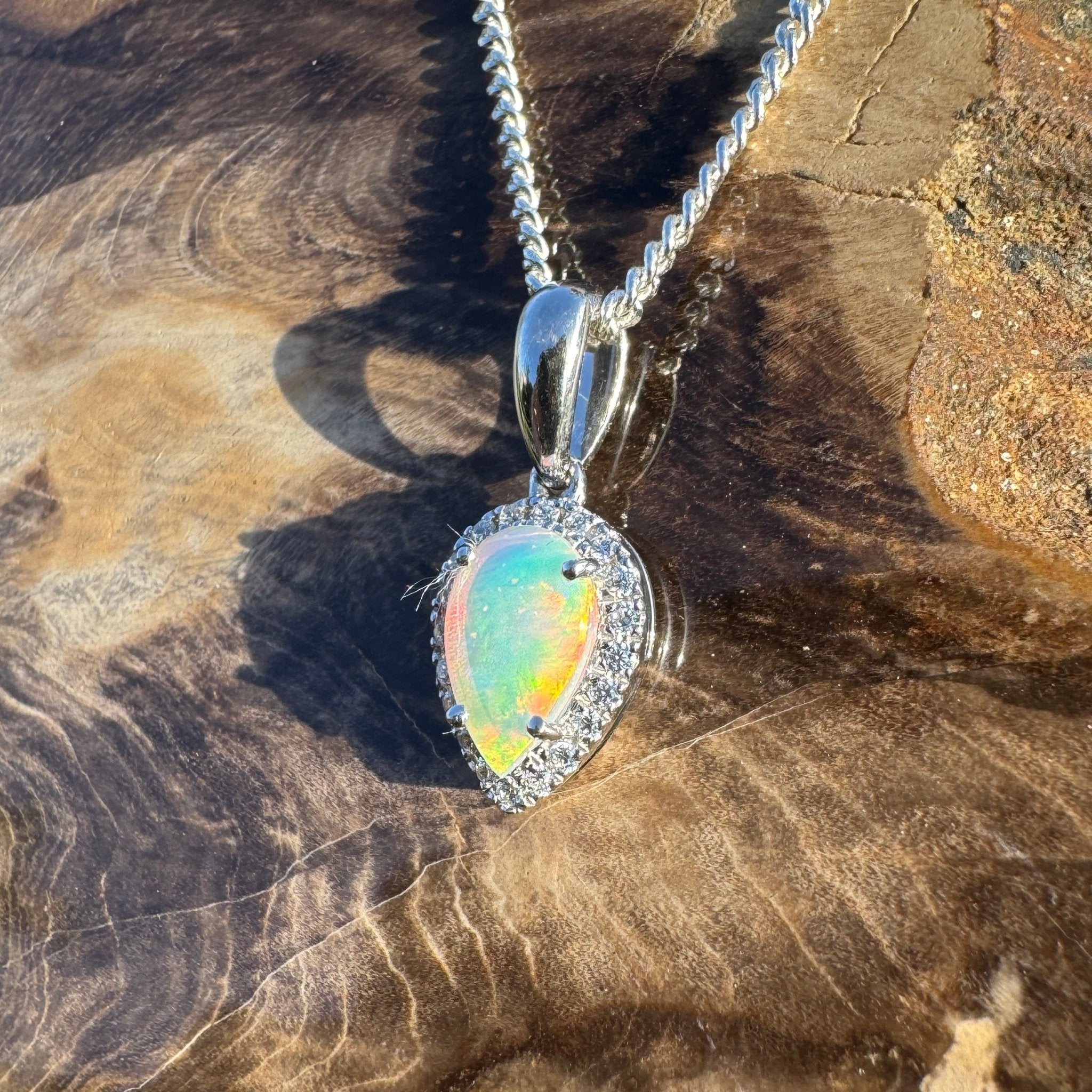 0.6ct Coober Pedy Crystal Opal Pendant Necklace ~ 'Turquoise Bay Halo' | 925 Sterling Silver | Solid Australian Opal