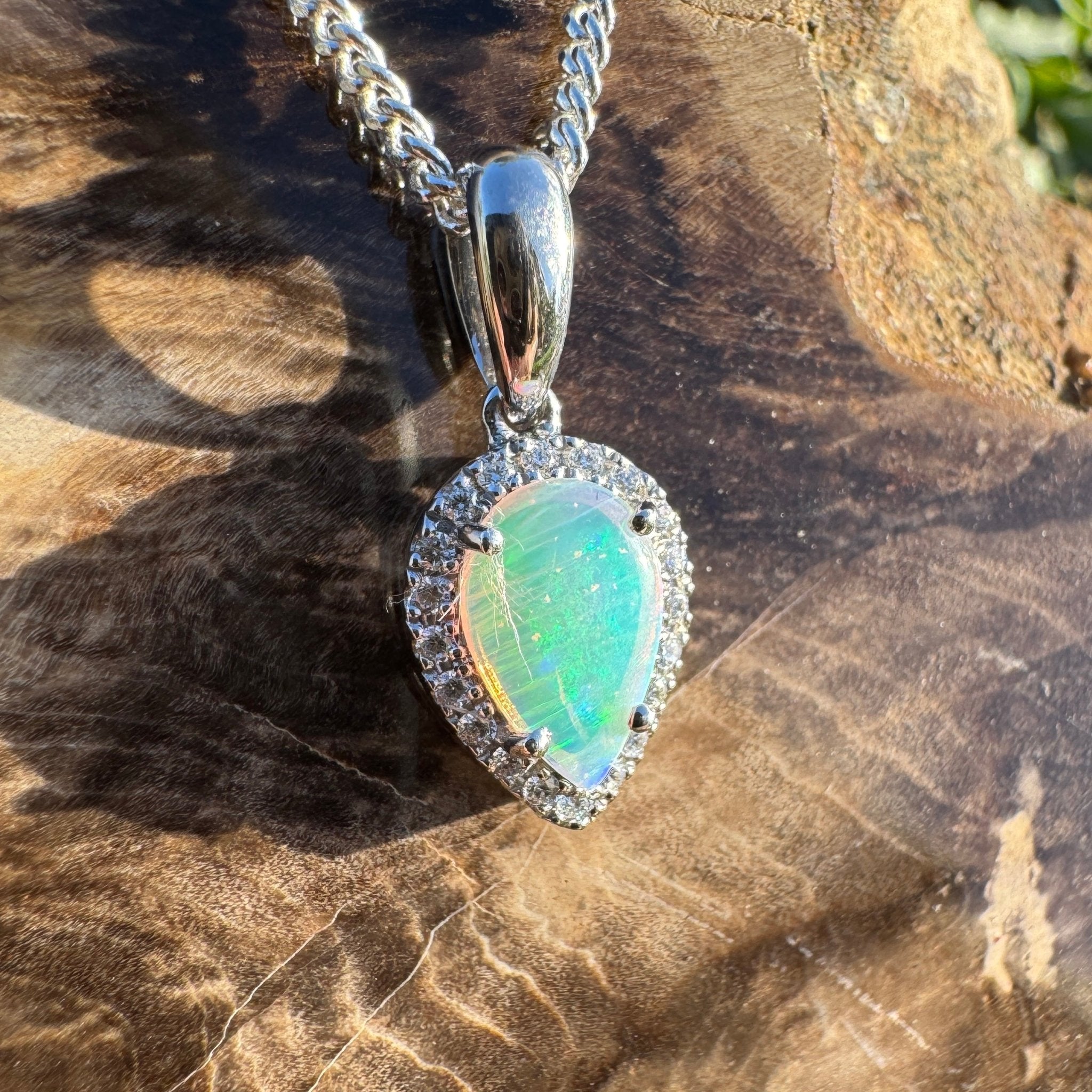 0.6ct Coober Pedy Crystal Opal Pendant Necklace ~ 'Turquoise Bay Halo' | 925 Sterling Silver | Solid Australian Opal