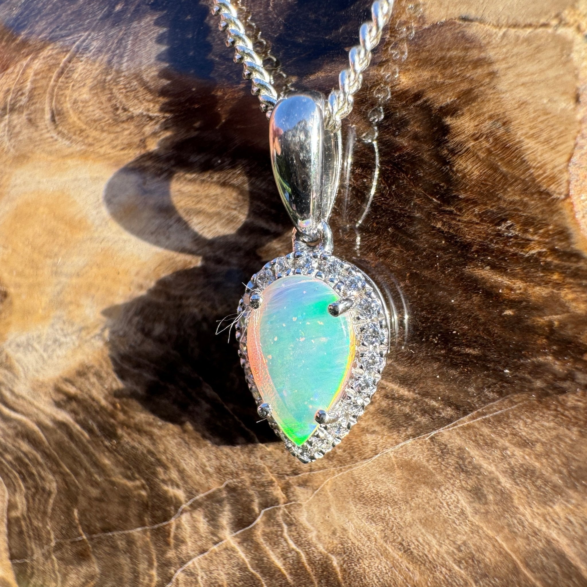 0.6ct Coober Pedy Crystal Opal Pendant Necklace ~ 'Turquoise Bay Halo' | 925 Sterling Silver | Solid Australian Opal