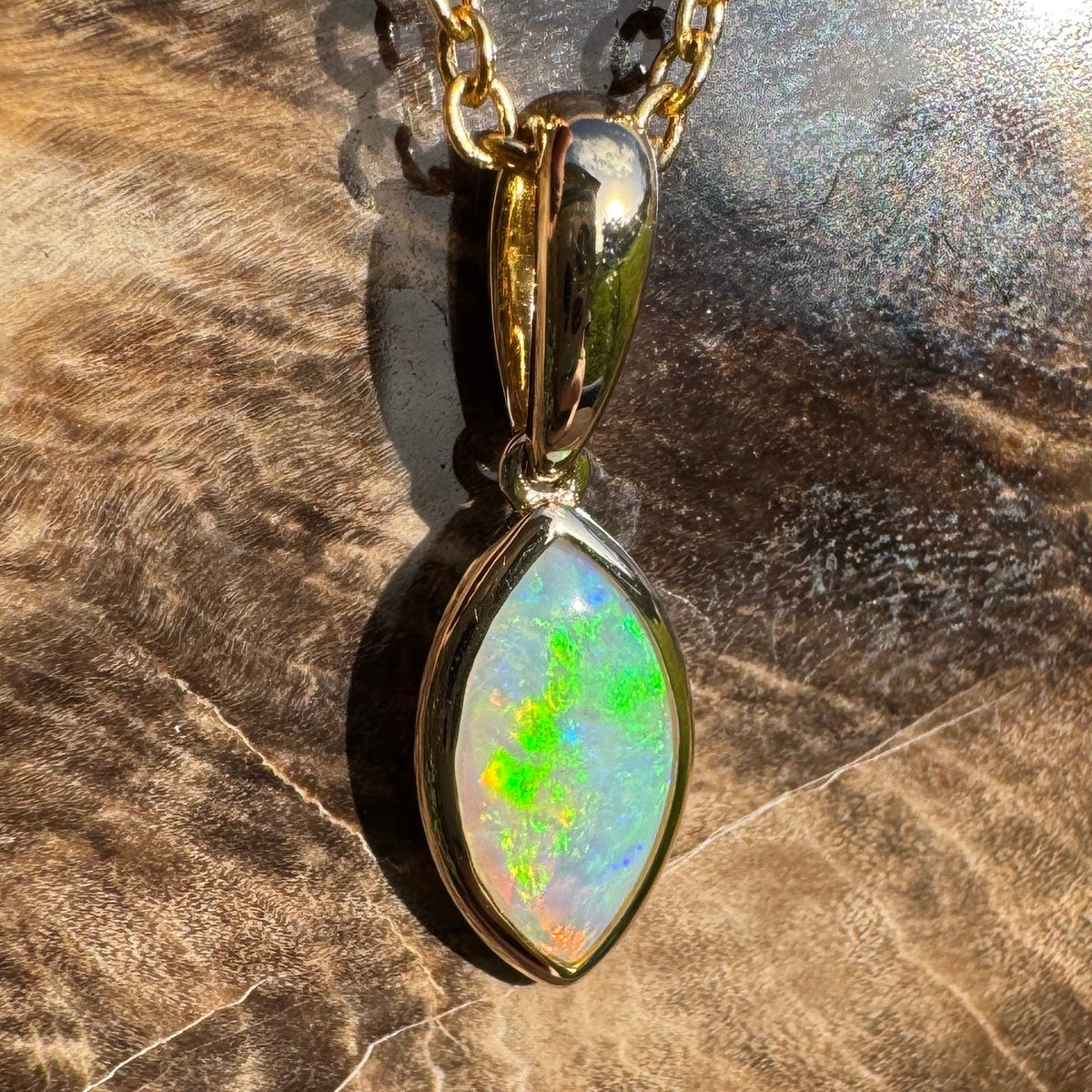 0.6ct Coober Pedy Crystal Opal Pendant Necklace ~ 'Windjana Gold' | 14ct Yellow Gold | Solid Australian Opal