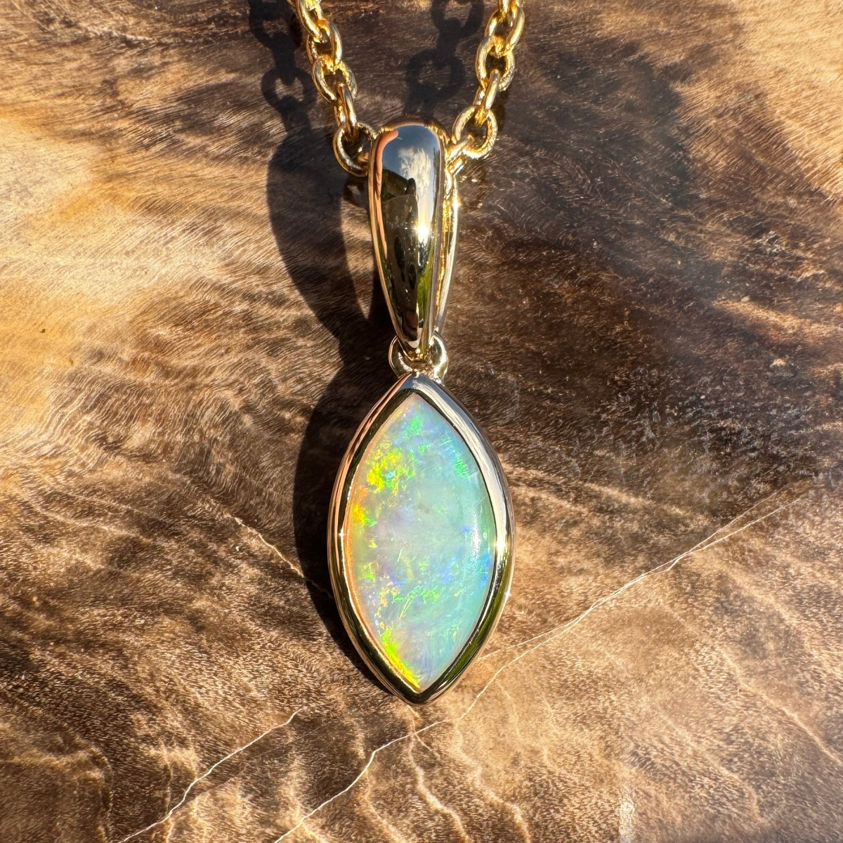 0.6ct Coober Pedy Crystal Opal Pendant Necklace ~ 'Windjana Gold' | 14ct Yellow Gold | Solid Australian Opal