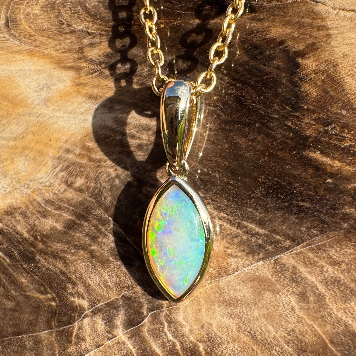 0.6ct Coober Pedy Crystal Opal Pendant Necklace ~ 'Windjana Gold' | 14ct Yellow Gold | Solid Australian Opal