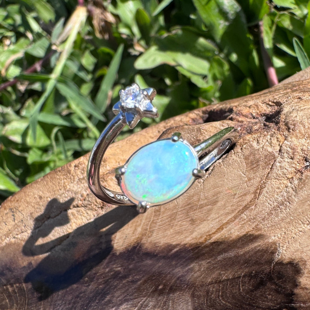 0.6ct Lightning Ridge Opal & Cubic Zirconia Ring ~ 'Wollombi Valley Blues' | 925 Sterling Silver | Solid Australian Opal