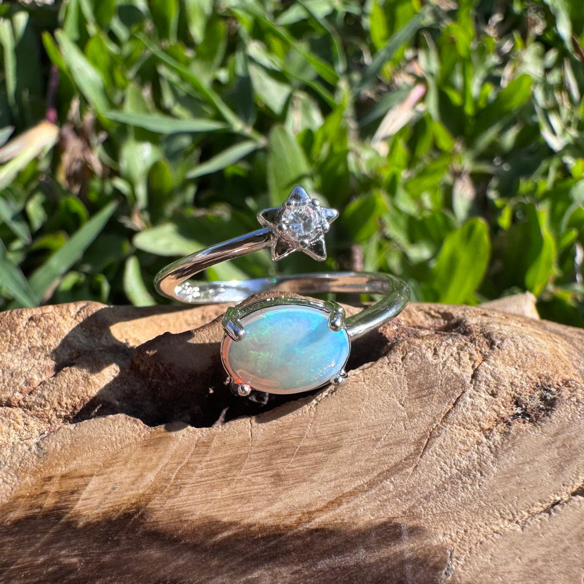 0.6ct Lightning Ridge Opal & Cubic Zirconia Ring ~ 'Wollombi Valley Blues' | 925 Sterling Silver | Solid Australian Opal