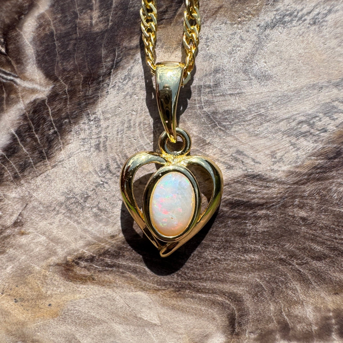 0.6ct Lightning Ridge Opal Heart Pendant Necklace ~ 'Barossa Heart' | Yellow Gold Coated 925 Sterling Silver | Solid Australian Opal