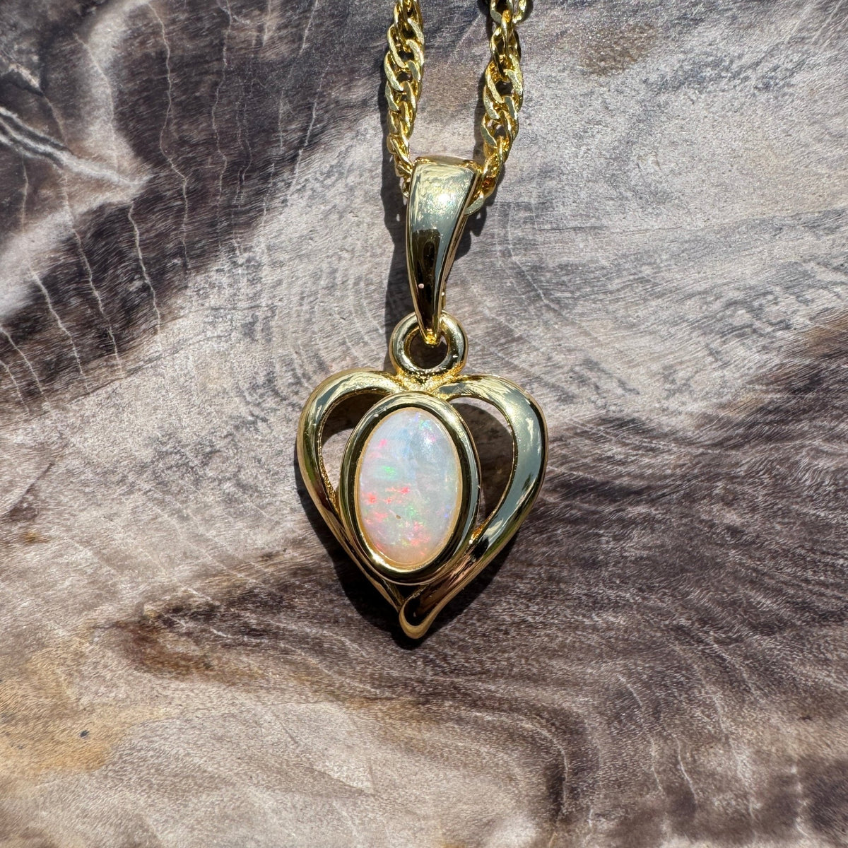 0.6ct Lightning Ridge Opal Heart Pendant Necklace ~ 'Barossa Heart' | Yellow Gold Coated 925 Sterling Silver | Solid Australian Opal