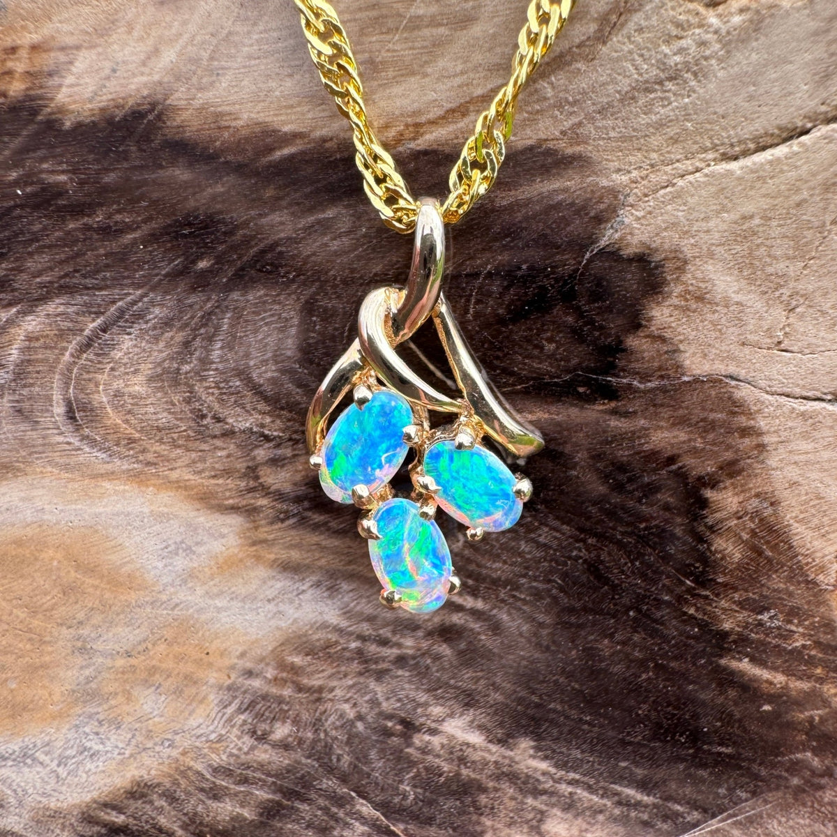0.6ct Lightning Ridge Opal Pendant Necklace ~ 'Three Sisters Glow' | 14ct Yellow Gold | Solid Australian Opal