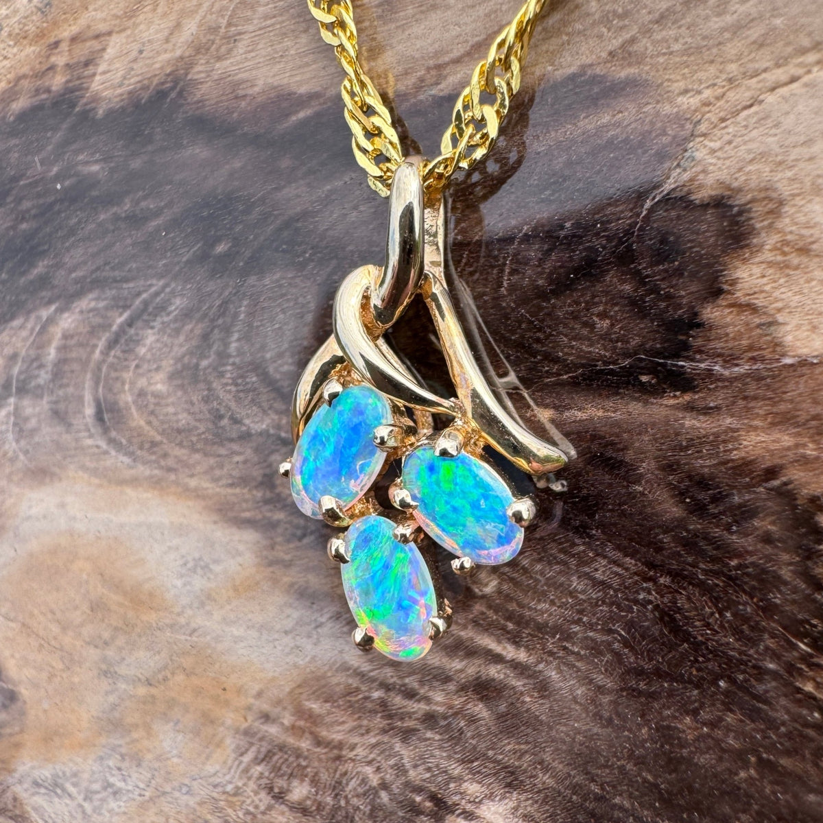 0.6ct Lightning Ridge Opal Pendant Necklace ~ 'Three Sisters Glow' | 14ct Yellow Gold | Solid Australian Opal