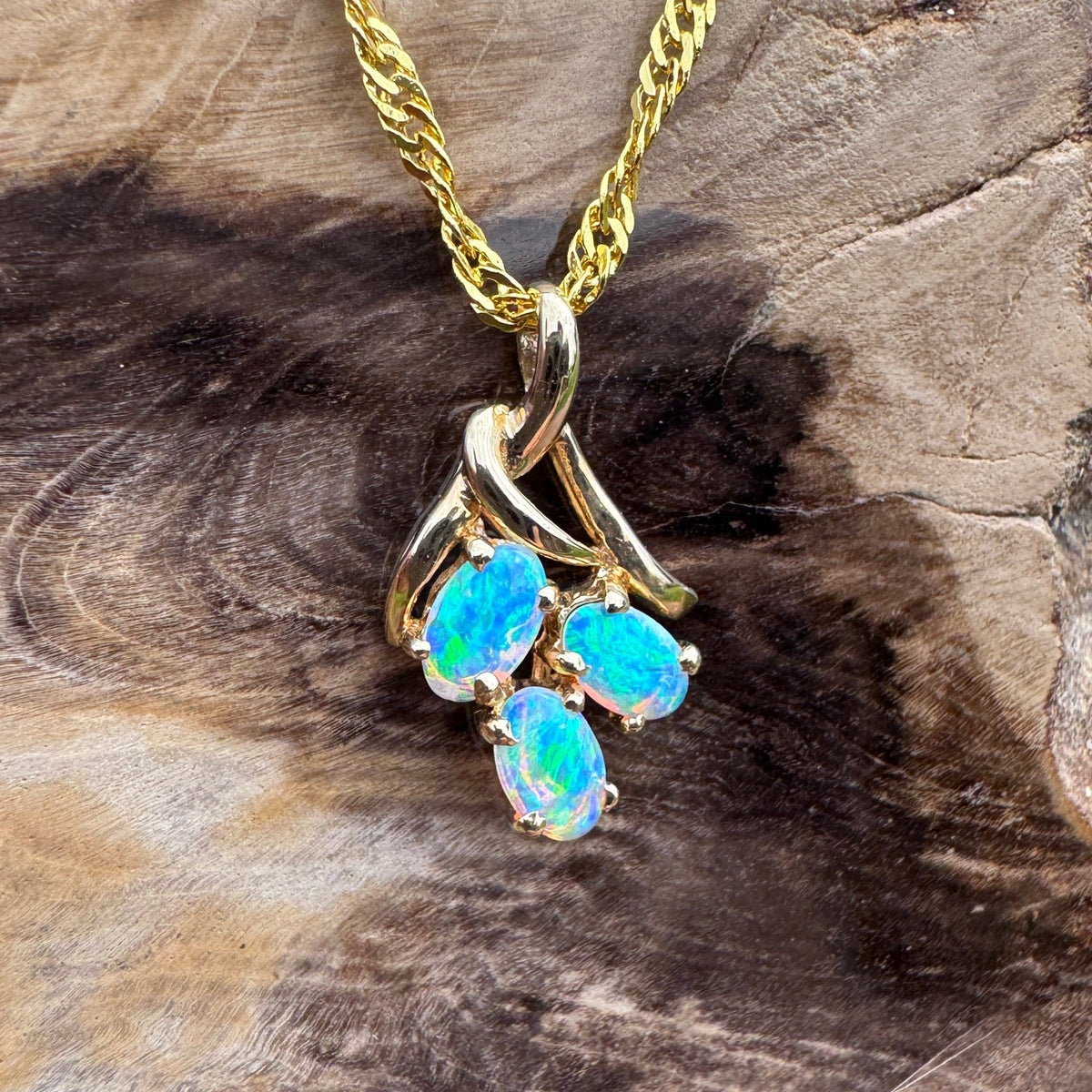 0.6ct Lightning Ridge Opal Pendant Necklace ~ 'Three Sisters Glow' | 14ct Yellow Gold | Solid Australian Opal