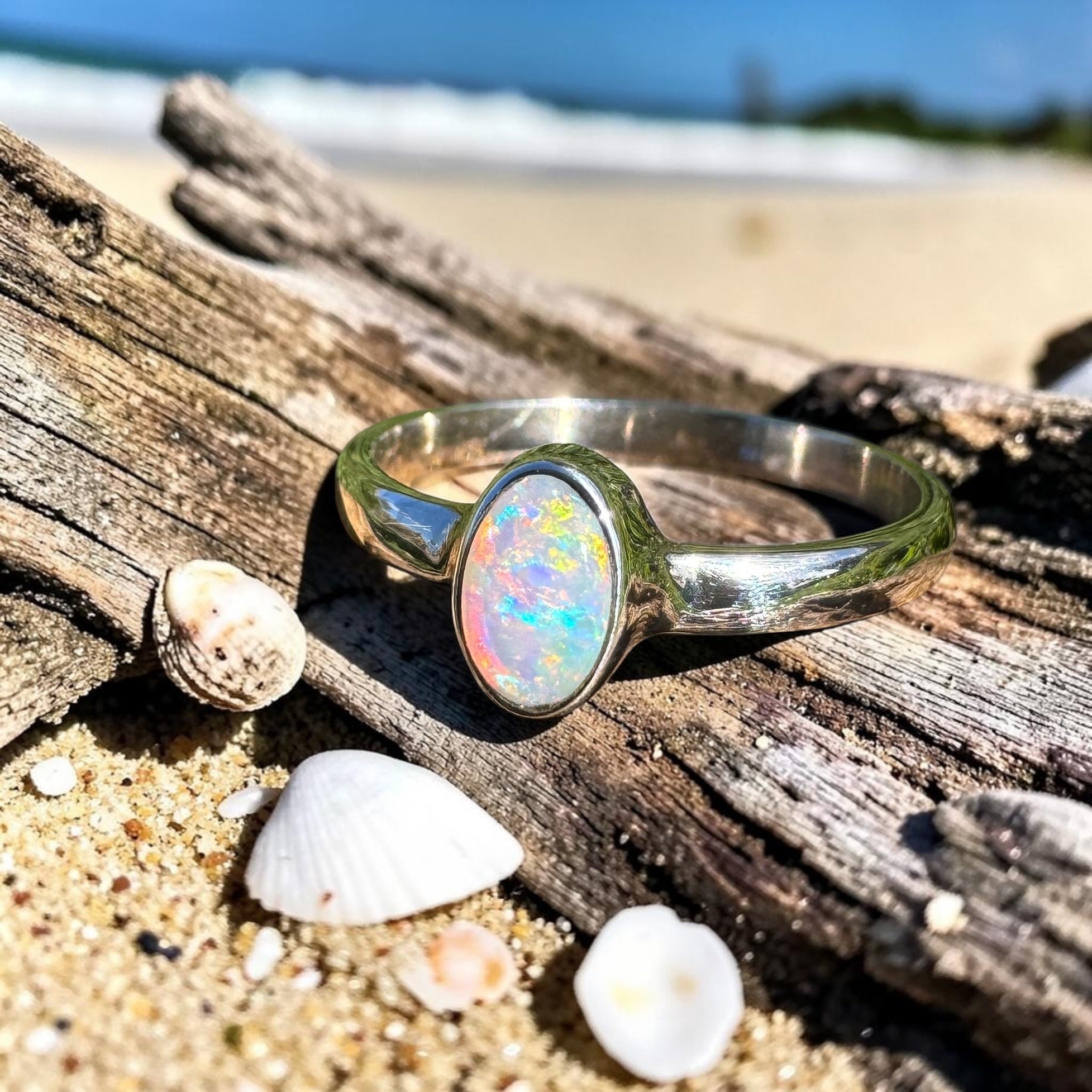 0.6ct Lightning Ridge Opal Ring ~ 'Wineglass Bay Glow' | 925 Sterling Silver | Solid Australian Opal