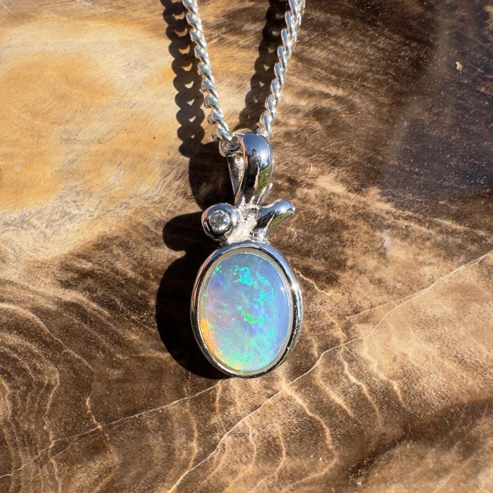 0.7ct Coober Pedy Crystal Opal Pendant Necklace ~ 'Bruny Blue' | 925 Sterling Silver | Solid Australian Opal