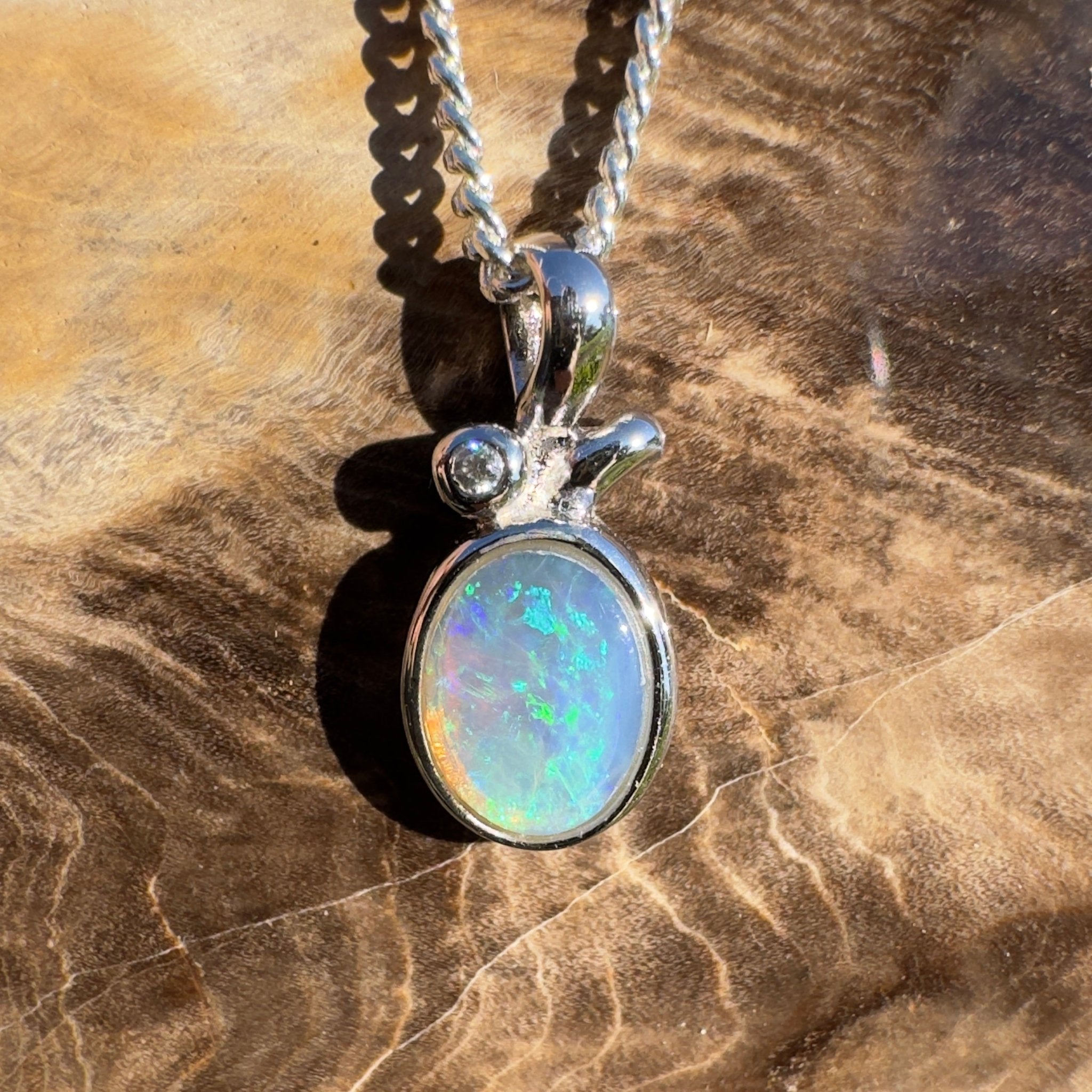 0.7ct Coober Pedy Crystal Opal Pendant Necklace ~ 'Bruny Blue' | 925 Sterling Silver | Solid Australian Opal