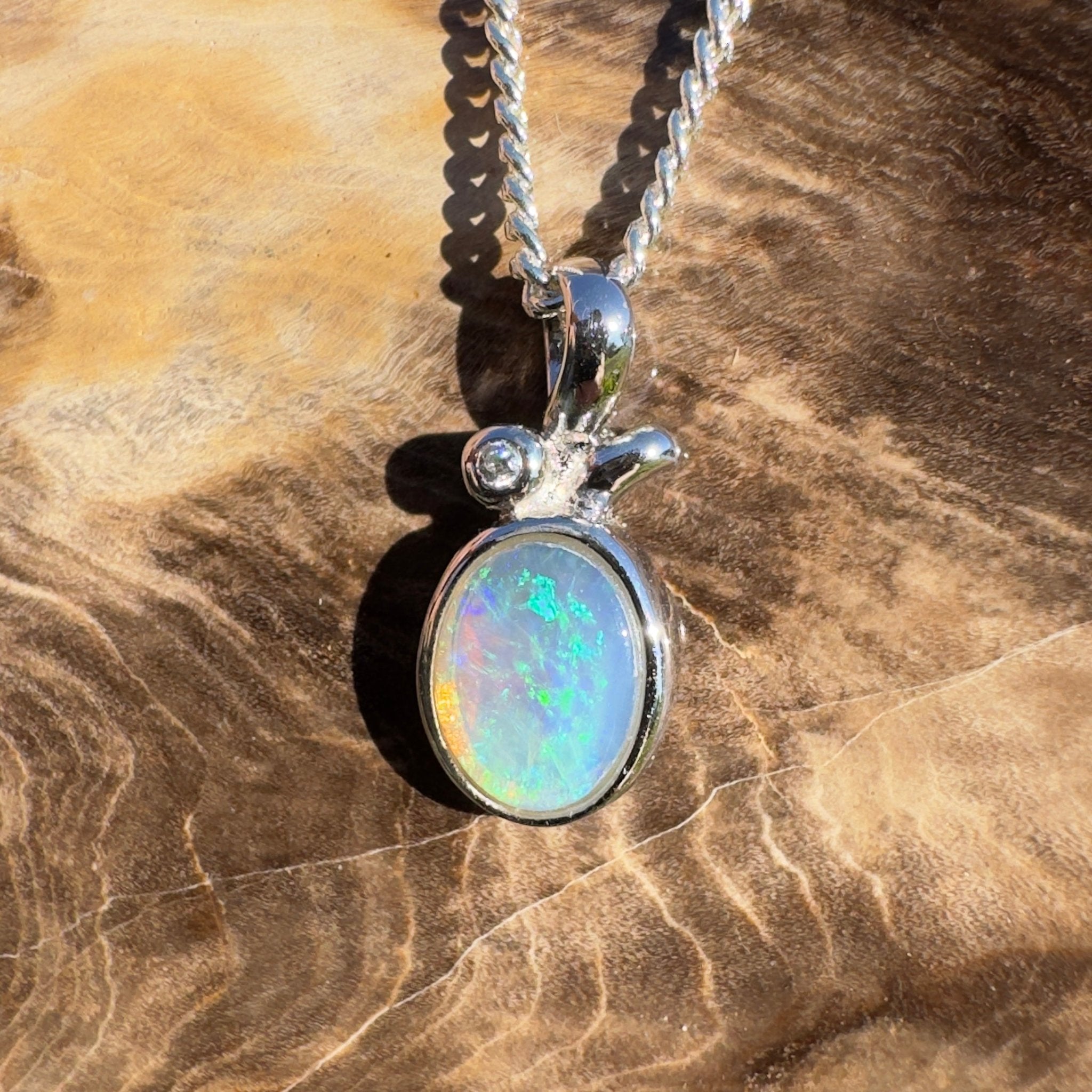 0.7ct Coober Pedy Crystal Opal Pendant Necklace ~ 'Bruny Blue' | 925 Sterling Silver | Solid Australian Opal