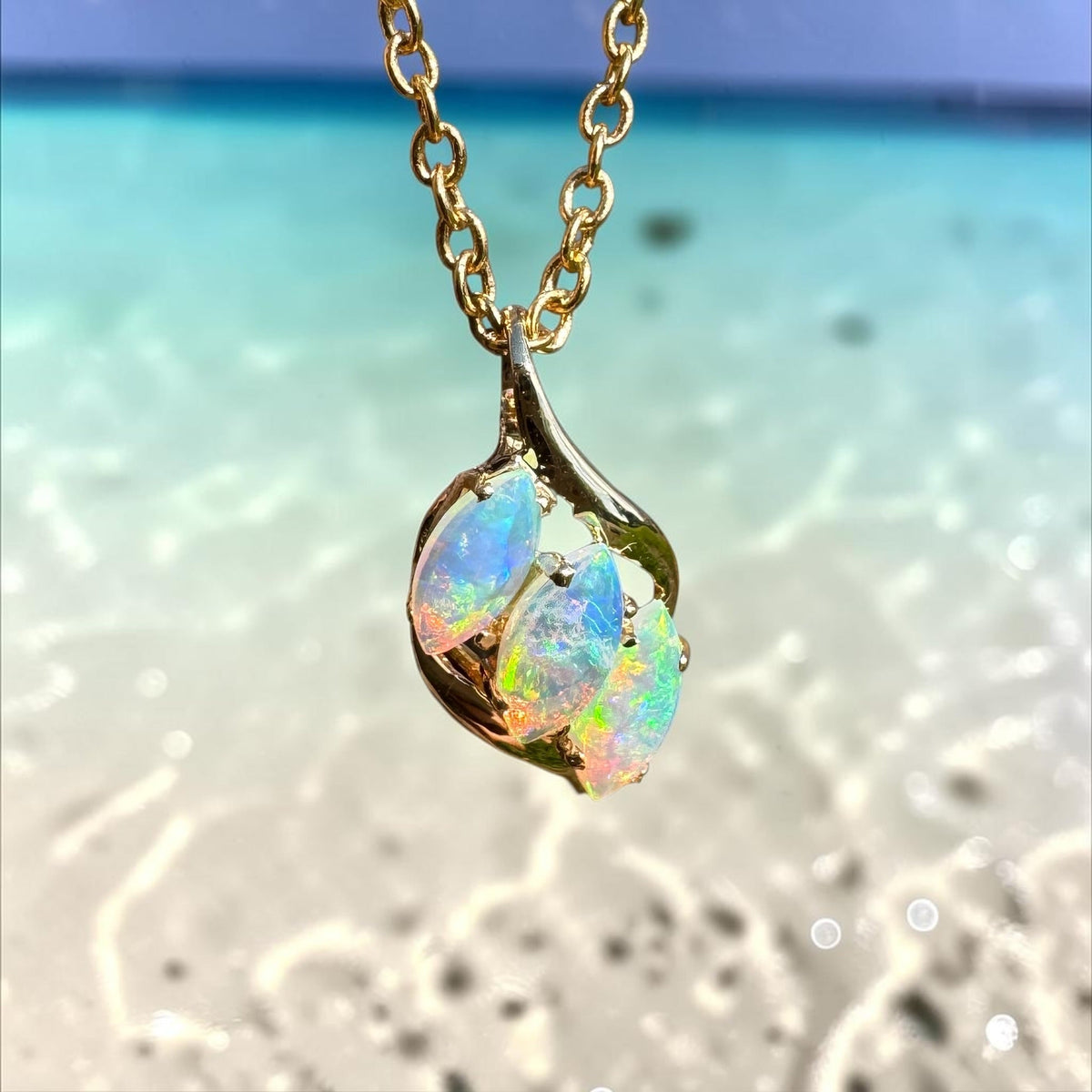 0.7ct Coober Pedy Crystal Opal Trio Pendant Necklace ~ 'Arkaroola Rainbow' | 14ct Yellow Gold | Solid Australian Opal